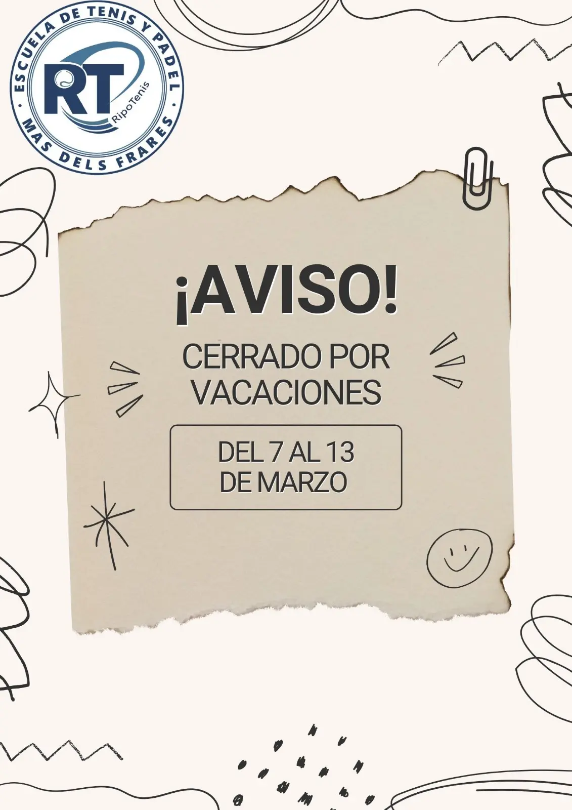 Cartel Cerrado por Vacaciones 7-13 Marzo